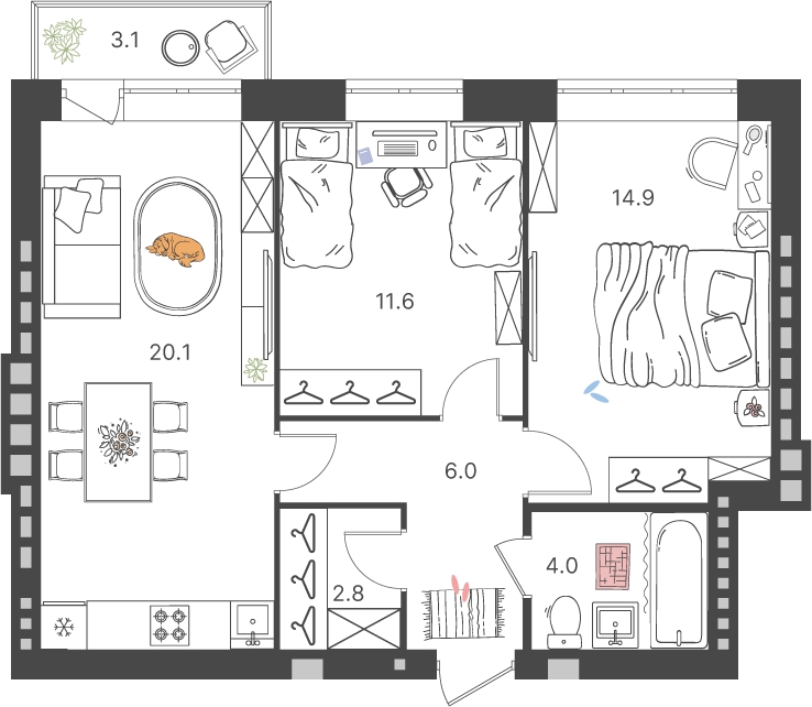 3-комнатная квартира с отделкой в ЖК Зарека на 1 этаже в 5 секции. Сдача в 3 кв. 2026 г.