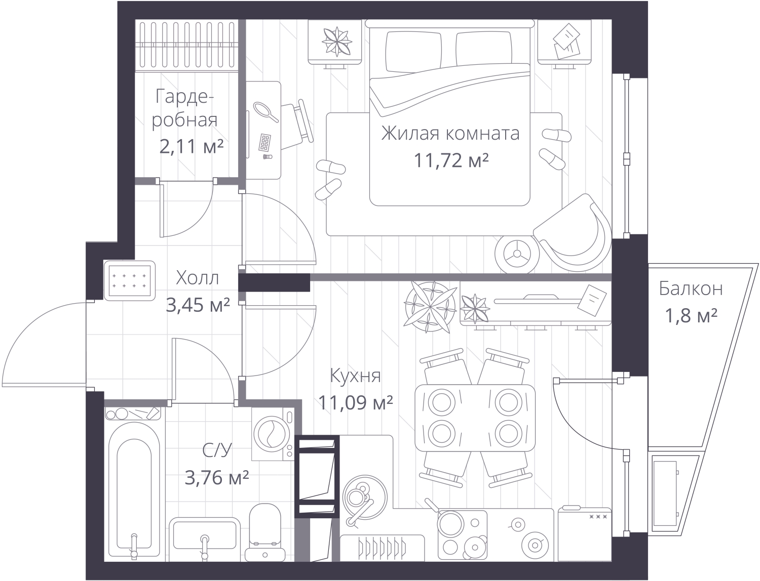 2-комнатная квартира в ЖК Преображенская площадь на 11 этаже в 2 секции. Сдача в 3 кв. 2025 г.