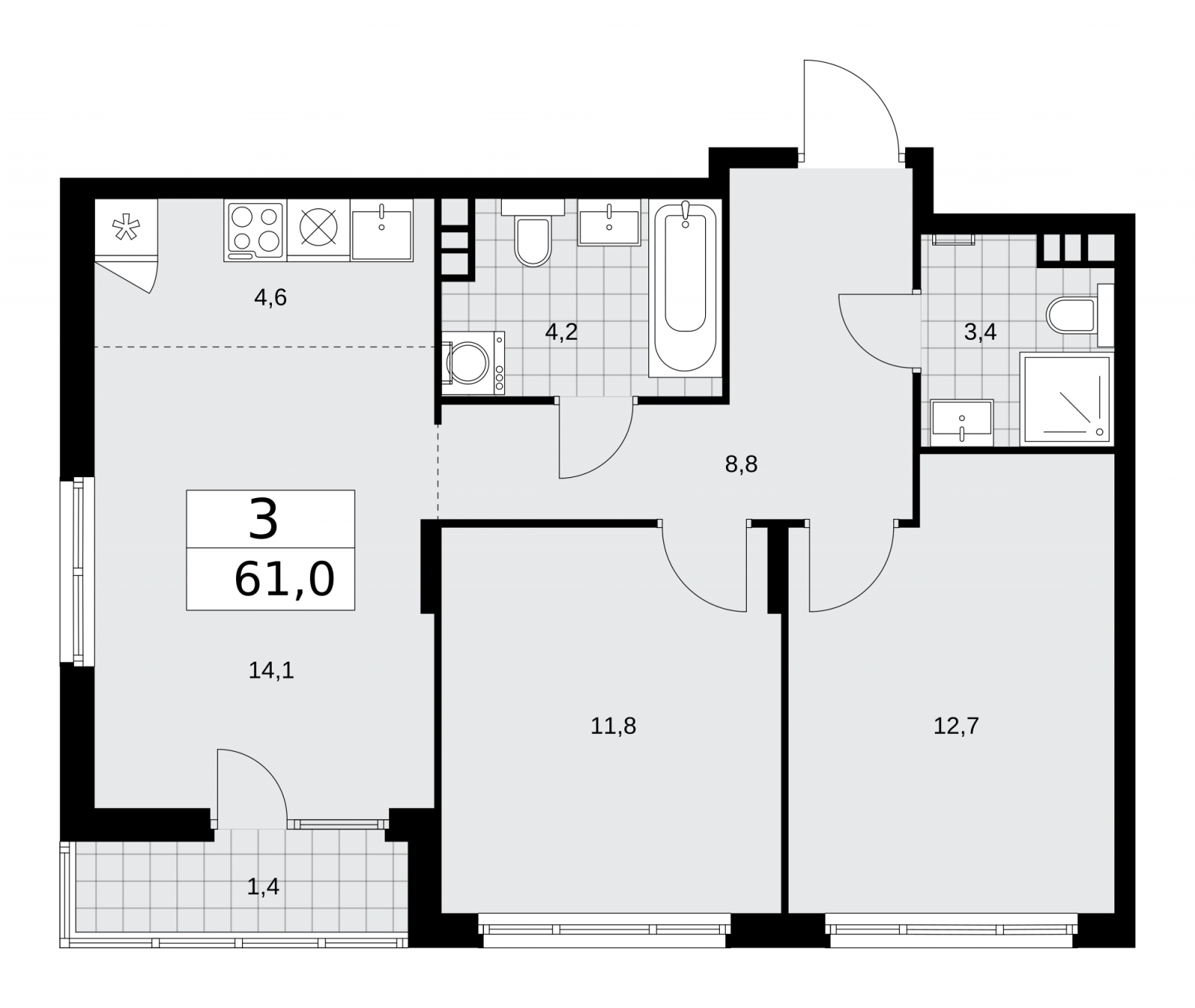 1-комнатная квартира (Студия) в ЖК SOUL на 3 этаже в 1 секции. Сдача в 4 кв. 2026 г.