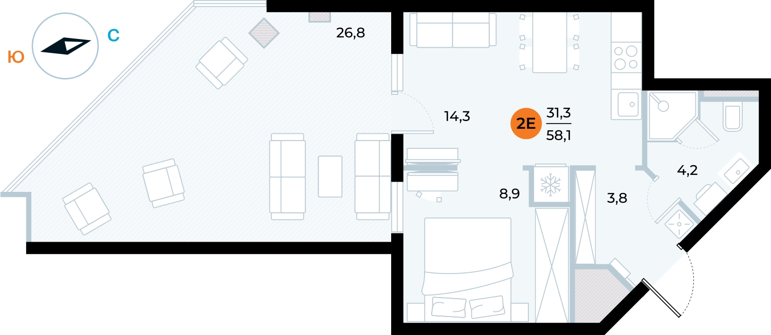 2-комнатная квартира с отделкой в ЖК Зарека на 8 этаже в 2 секции. Сдача в 3 кв. 2026 г.