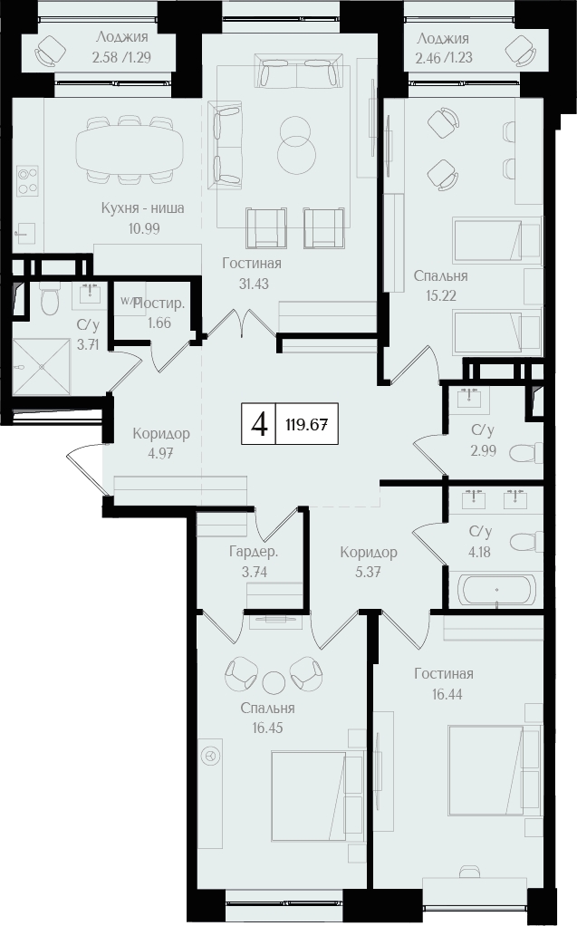 1-комнатная квартира (Студия) в ЖК N'ICE LOFT на 3 этаже в 3 секции. Сдача в 1 кв. 2024 г.