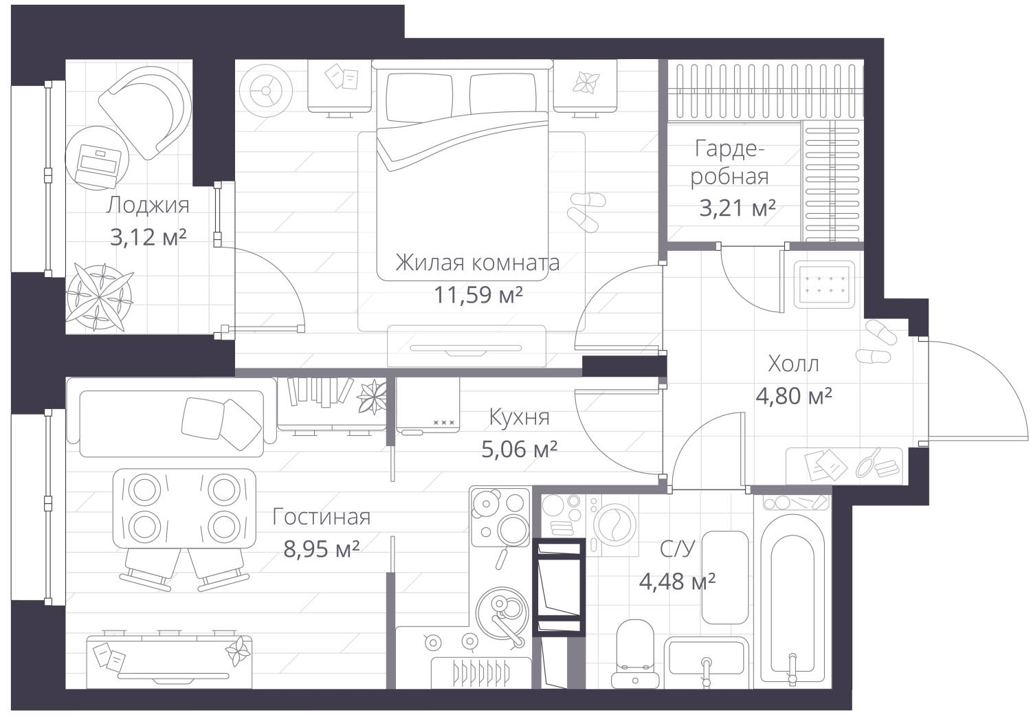 2-комнатная квартира в ЖК Преображенская площадь на 11 этаже в 3 секции. Сдача в 3 кв. 2025 г.