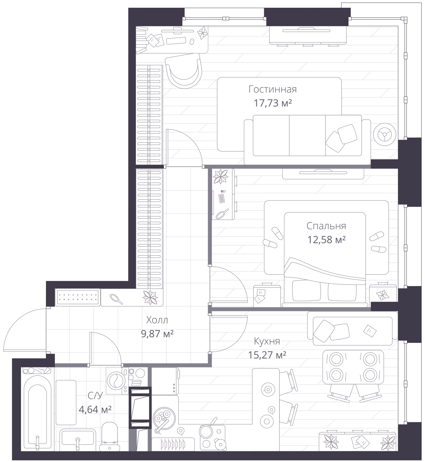 2-комнатная квартира с отделкой в ЖК Зарека на 3 этаже в 1 секции. Сдача в 3 кв. 2026 г.
