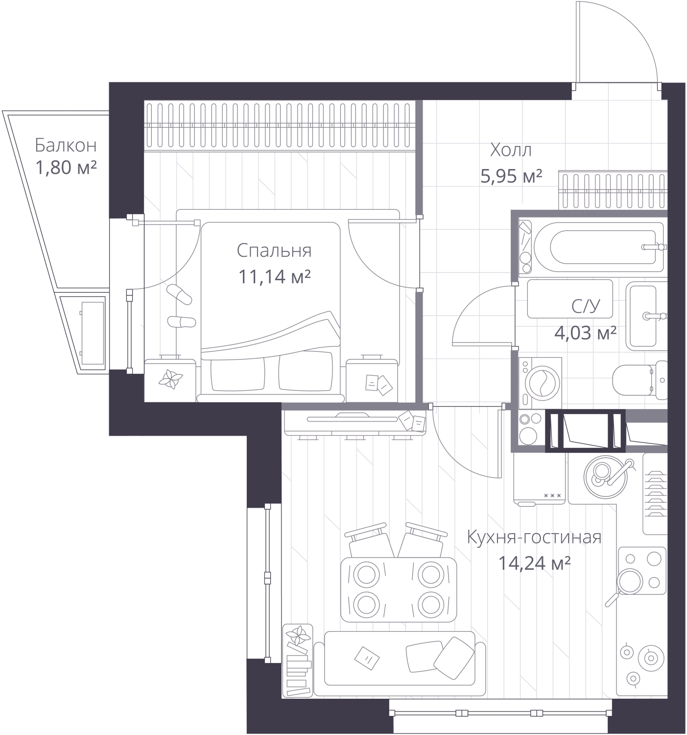 1-комнатная квартира в Veren Nort Сертолово на 7 этаже в 1 секции. Сдача в 1 кв. 2027 г.