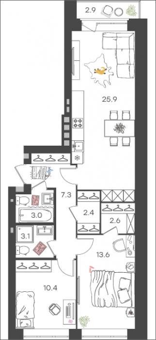 1-комнатная квартира (Студия) с отделкой в ЖК Деснаречье на 13 этаже в 1 секции. Сдача в 2 кв. 2026 г.
