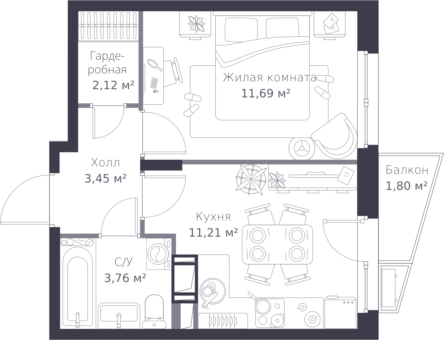 1-комнатная квартира в ЖК Преображенская площадь на 7 этаже в 1 секции. Сдача в 3 кв. 2025 г.