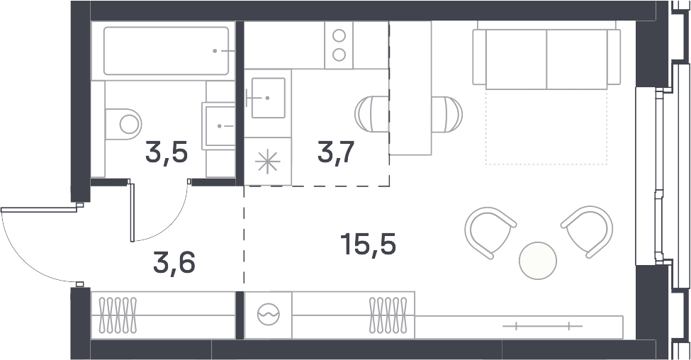 1-комнатная квартира (Студия) с отделкой в ЖК Portland на 13 этаже в 1 секции. Сдача в 4 кв. 2025 г.