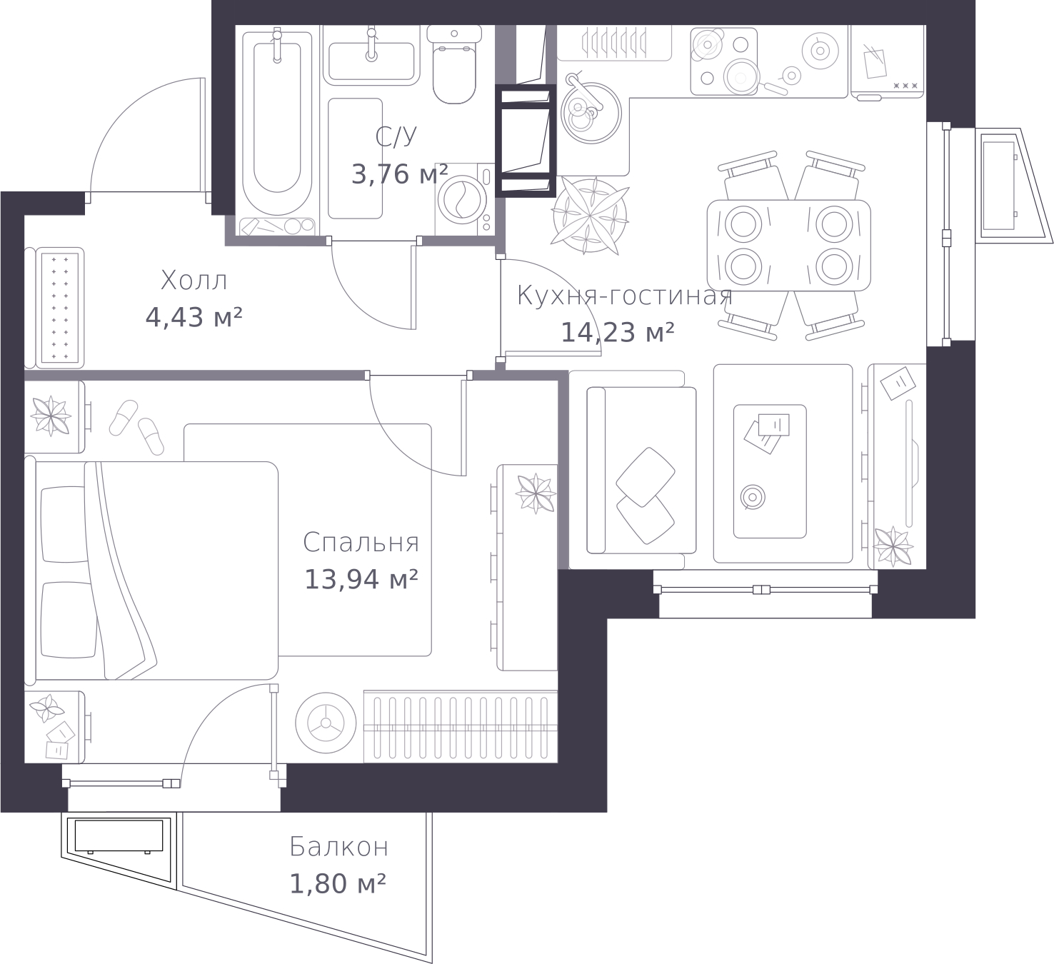 2-комнатная квартира в ЖК Преображенская площадь на 6 этаже в 3 секции. Сдача в 2 кв. 2027 г.