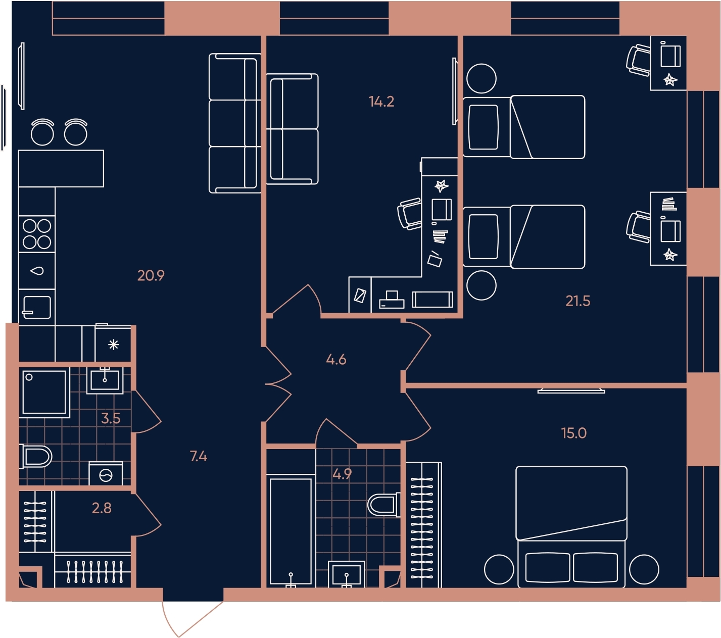 3-комнатная квартира с отделкой в ЖК Деснаречье на 14 этаже в 4 секции. Сдача в 2 кв. 2026 г.