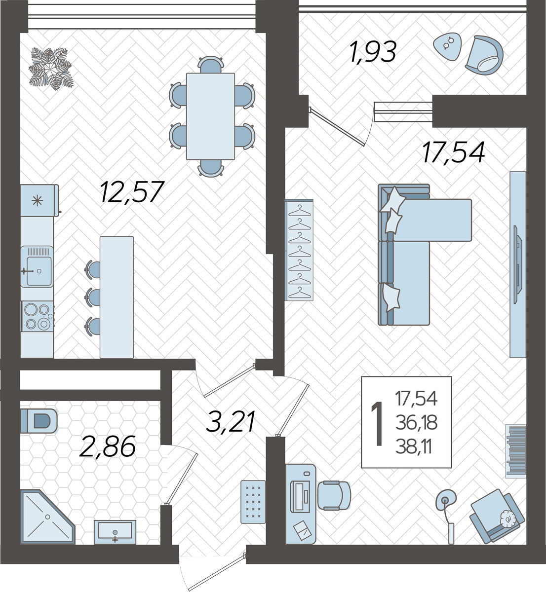 1-комнатная квартира с отделкой в ЖК Деснаречье на 11 этаже в 4 секции. Сдача в 2 кв. 2026 г.