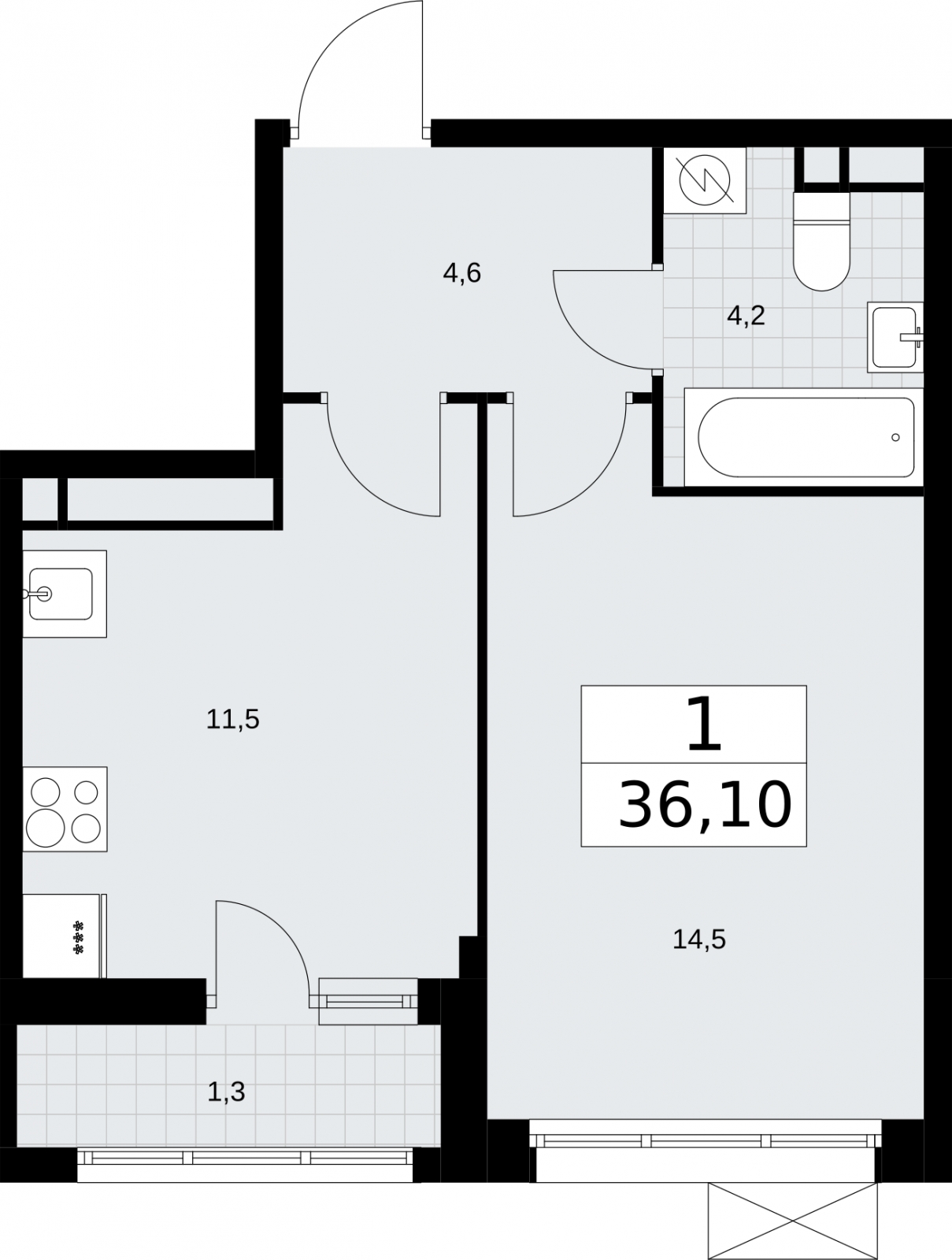 1-комнатная квартира в ЖК ERA на 6 этаже в 1 секции. Сдача в 3 кв. 2026 г.
