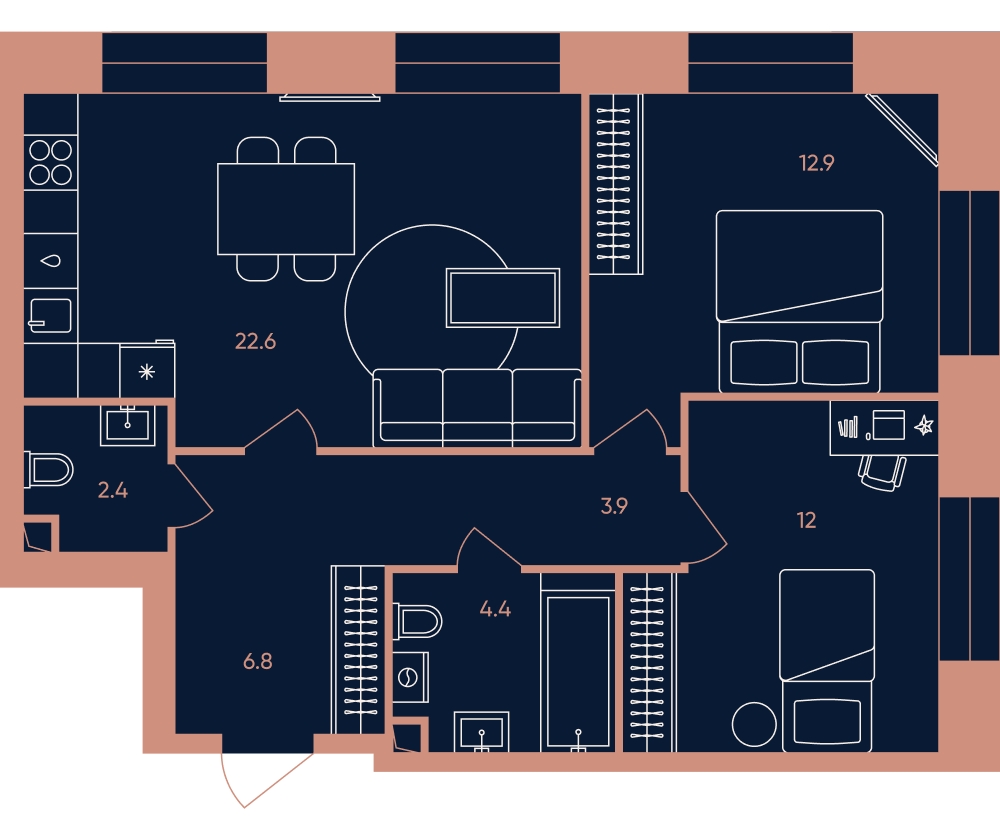 3-комнатная квартира в ЖК ERA на 8 этаже в 1 секции. Сдача в 3 кв. 2026 г.