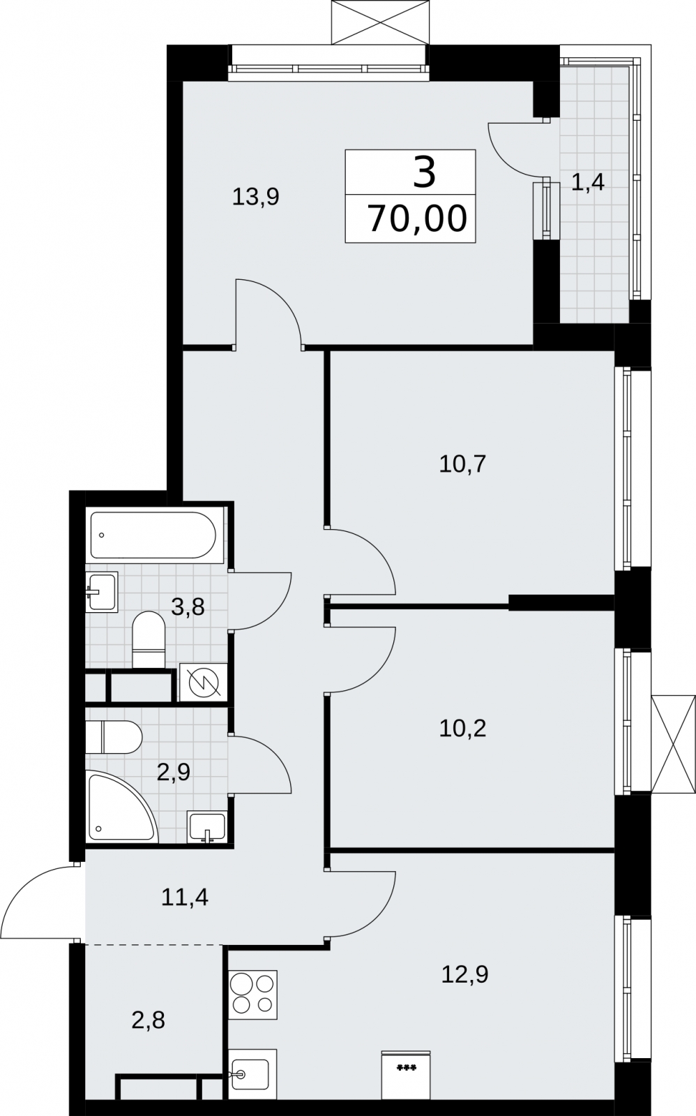 3-комнатная квартира в ЖК ERA на 19 этаже в 1 секции. Сдача в 3 кв. 2026 г.