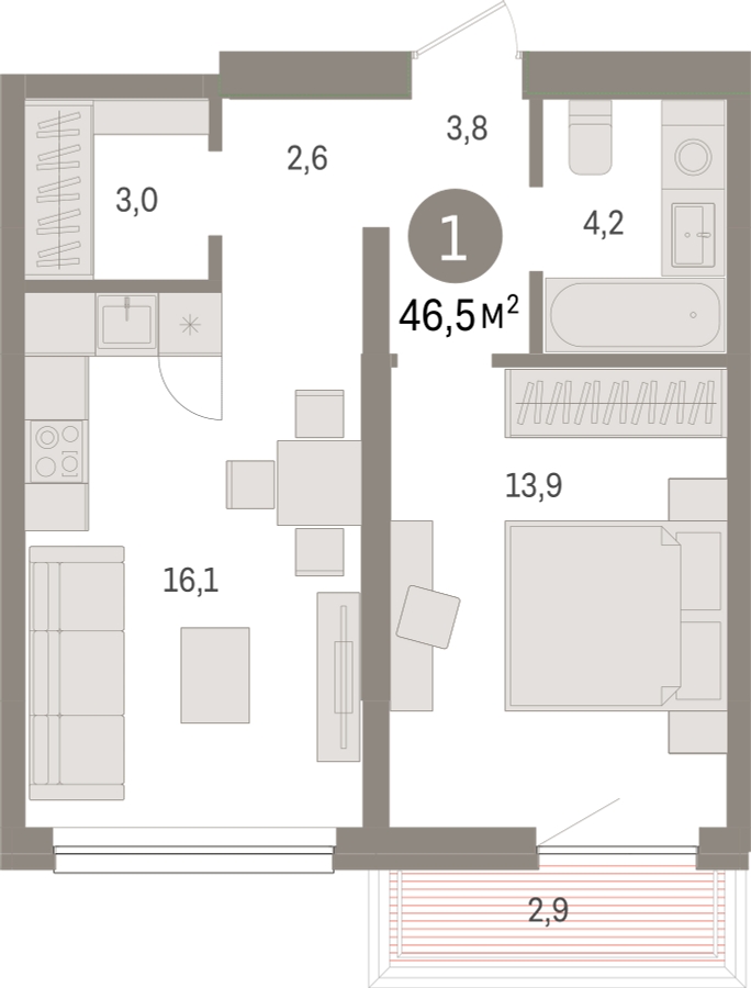 1-комнатная квартира в ЖК SOUL на 7 этаже в 1 секции. Сдача в 4 кв. 2026 г.