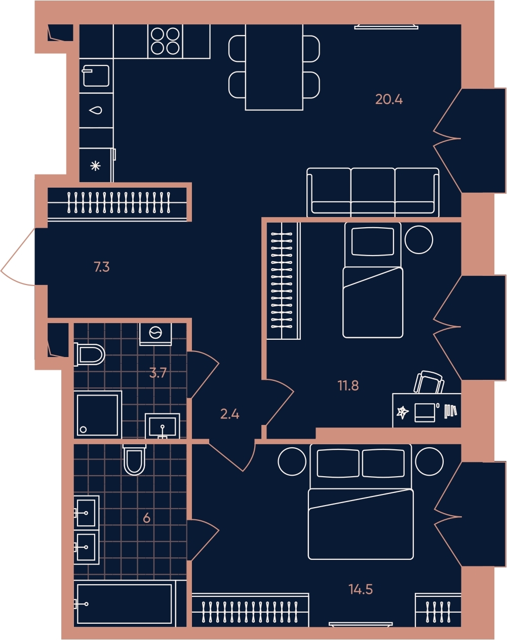 2-комнатная квартира в ЖК ERA на 7 этаже в 1 секции. Сдача в 3 кв. 2026 г.