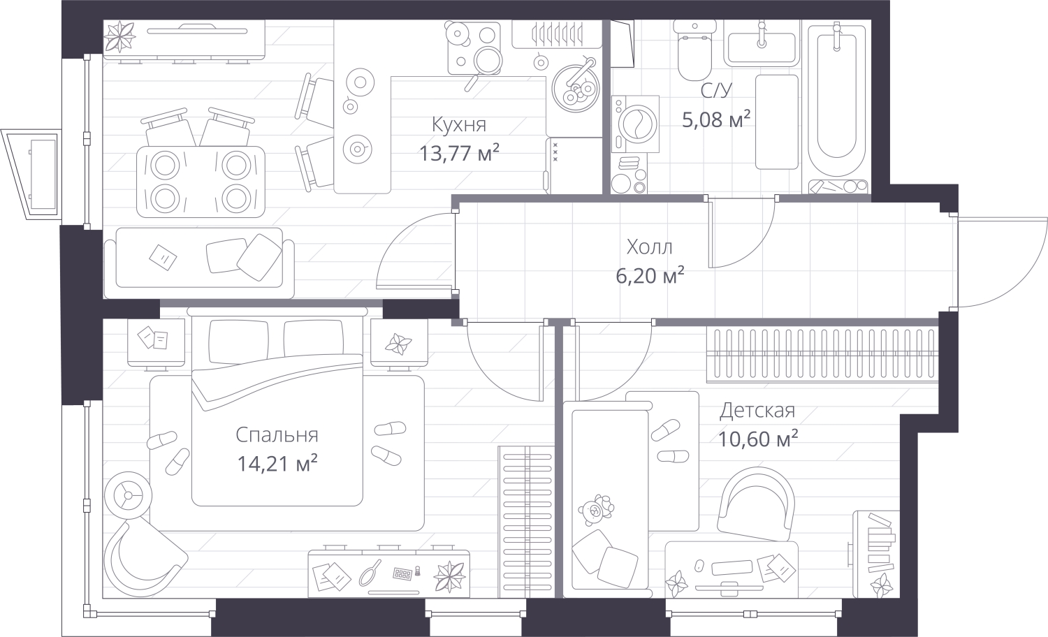 2-комнатная квартира с отделкой в ЖК SOUL на 11 этаже в 1 секции. Сдача в 4 кв. 2026 г.