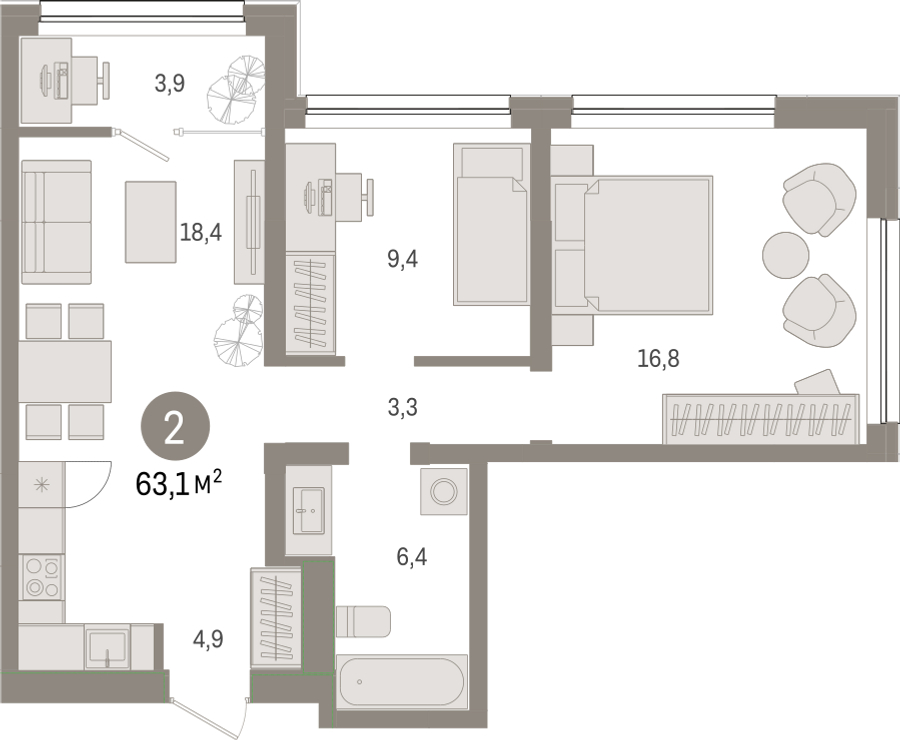 2-комнатная квартира с отделкой в ЖК Новые Ватутинки. Заречный на 3 этаже в 7 секции. Сдача в 1 кв. 2025 г.
