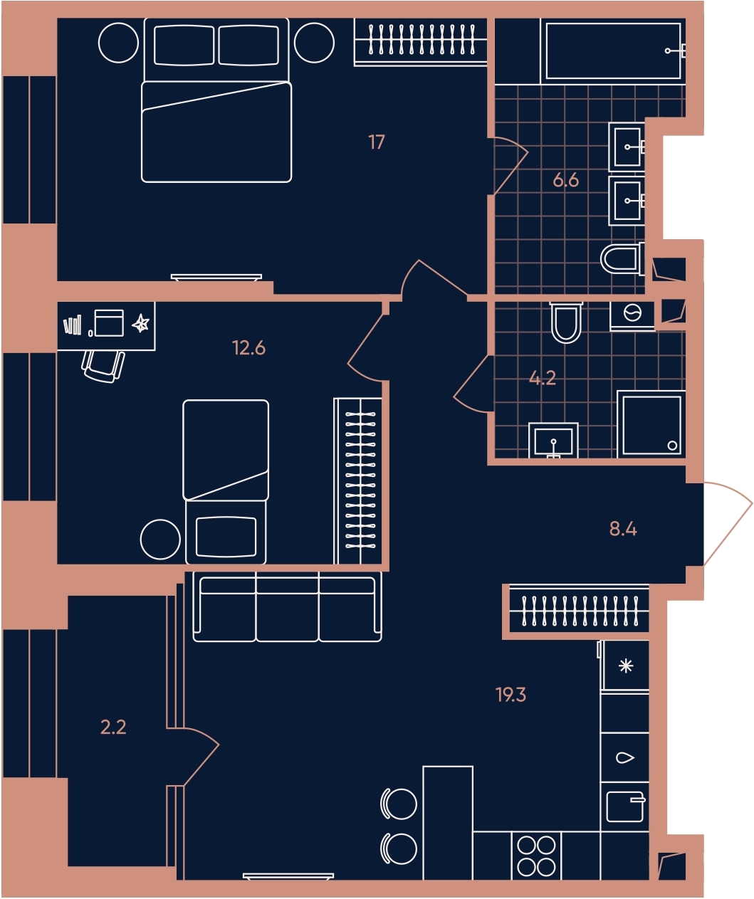 2-комнатная квартира с отделкой в ЖК Новые Ватутинки. Заречный на 10 этаже в 1 секции. Сдача в 1 кв. 2025 г.