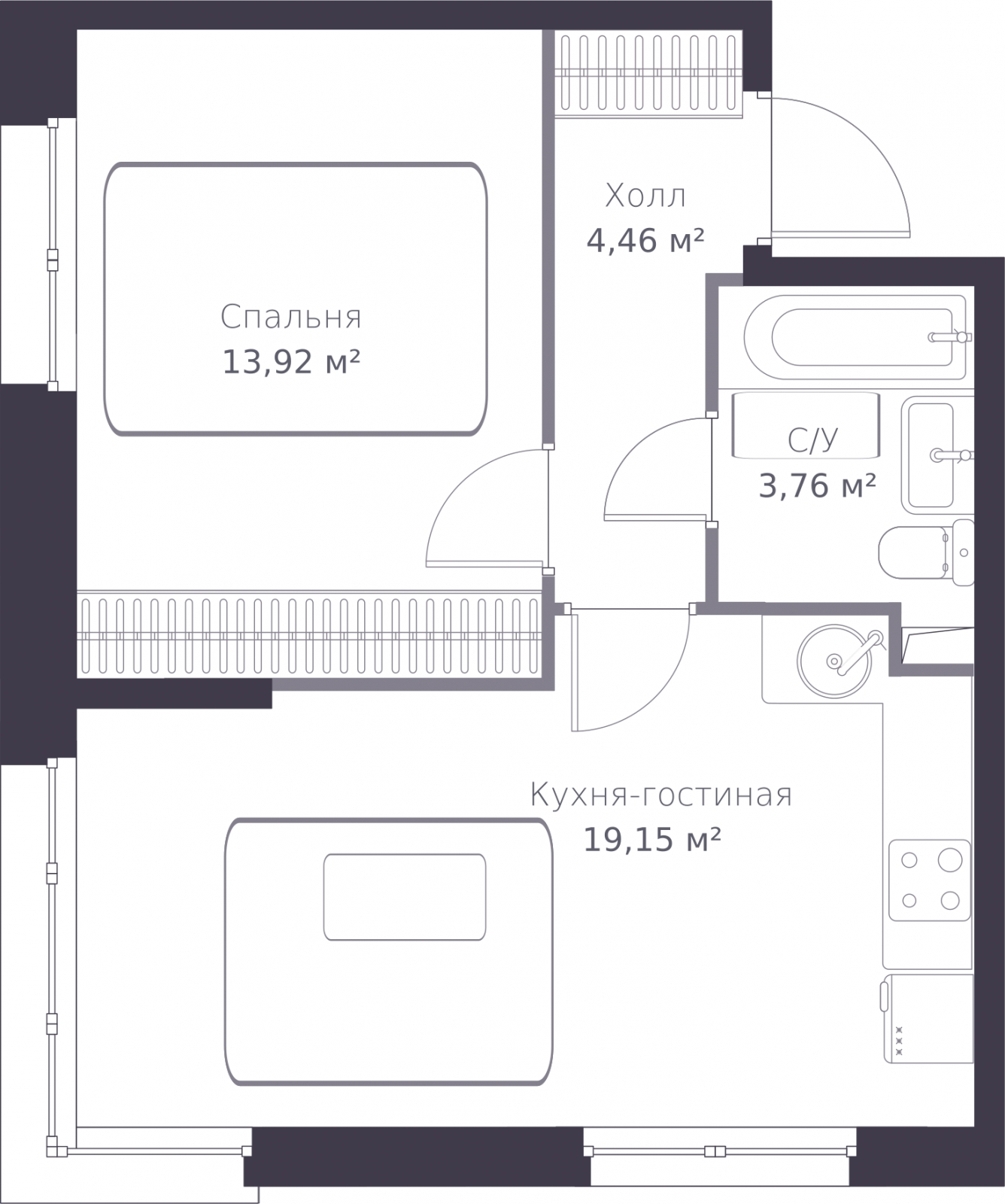 1-комнатная квартира (Студия) с отделкой в ЖК Новые Ватутинки. Заречный на 7 этаже в 1 секции. Сдача в 1 кв. 2025 г.