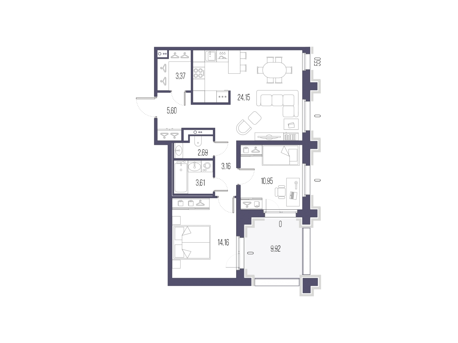 3-комнатная квартира с отделкой в ЖК Черная Речка, 41 на 2 этаже в 1 секции. Сдача в 2 кв. 2025 г.