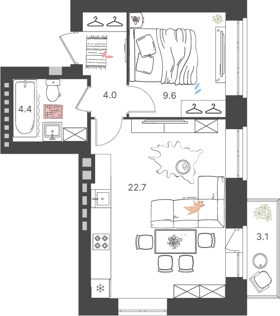1-комнатная квартира (Студия) с отделкой в ЖК PLUS Пулковский на 5 этаже в 4 секции. Сдача в 4 кв. 2025 г.