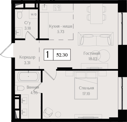 1-комнатная квартира в ЖК BAKUNINA 33 на 4 этаже в 1 секции. Сдача в 1 кв. 2025 г.