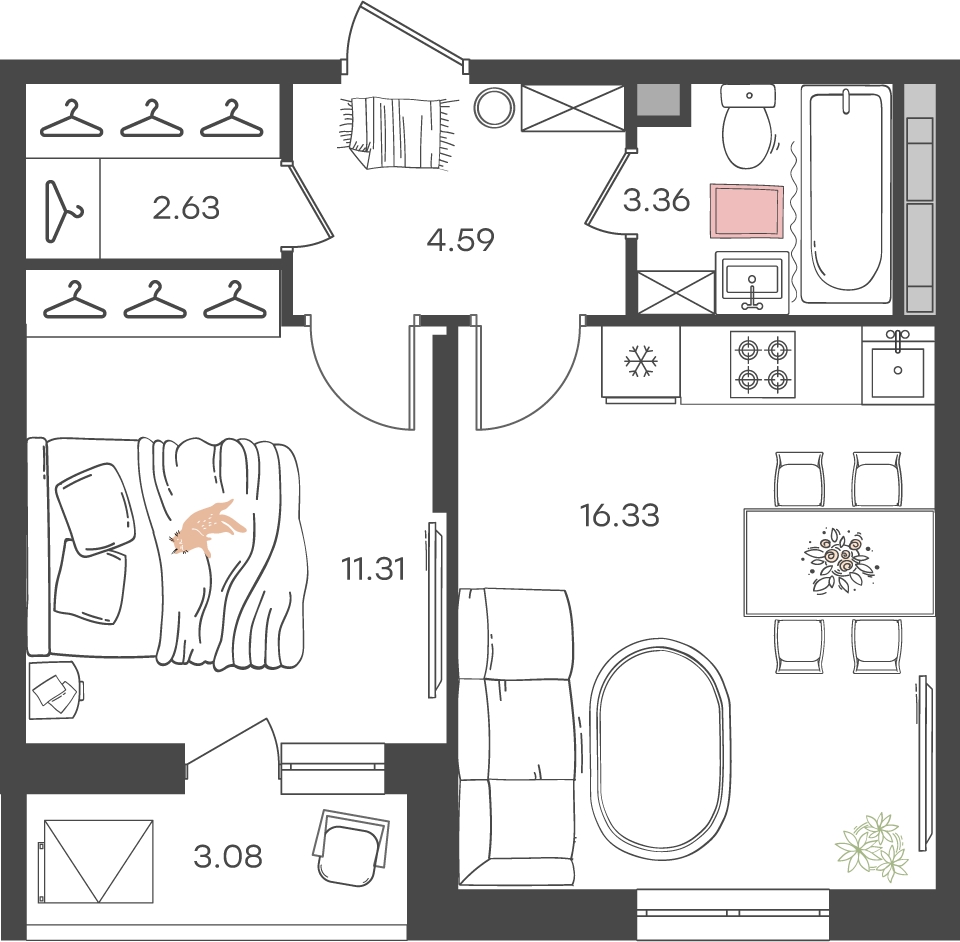 1-комнатная квартира в ЖК BAKUNINA 33 на 6 этаже в 3 секции. Сдача в 1 кв. 2025 г.