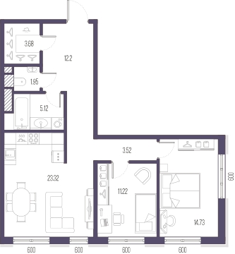 2-комнатная квартира в ЖК Преображенская площадь на 3 этаже в 2 секции. Сдача в 3 кв. 2024 г.