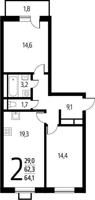 4-комнатная квартира в ЖК Тринити-2 на 2 этаже в 3 секции. Сдача в 3 кв. 2023 г.