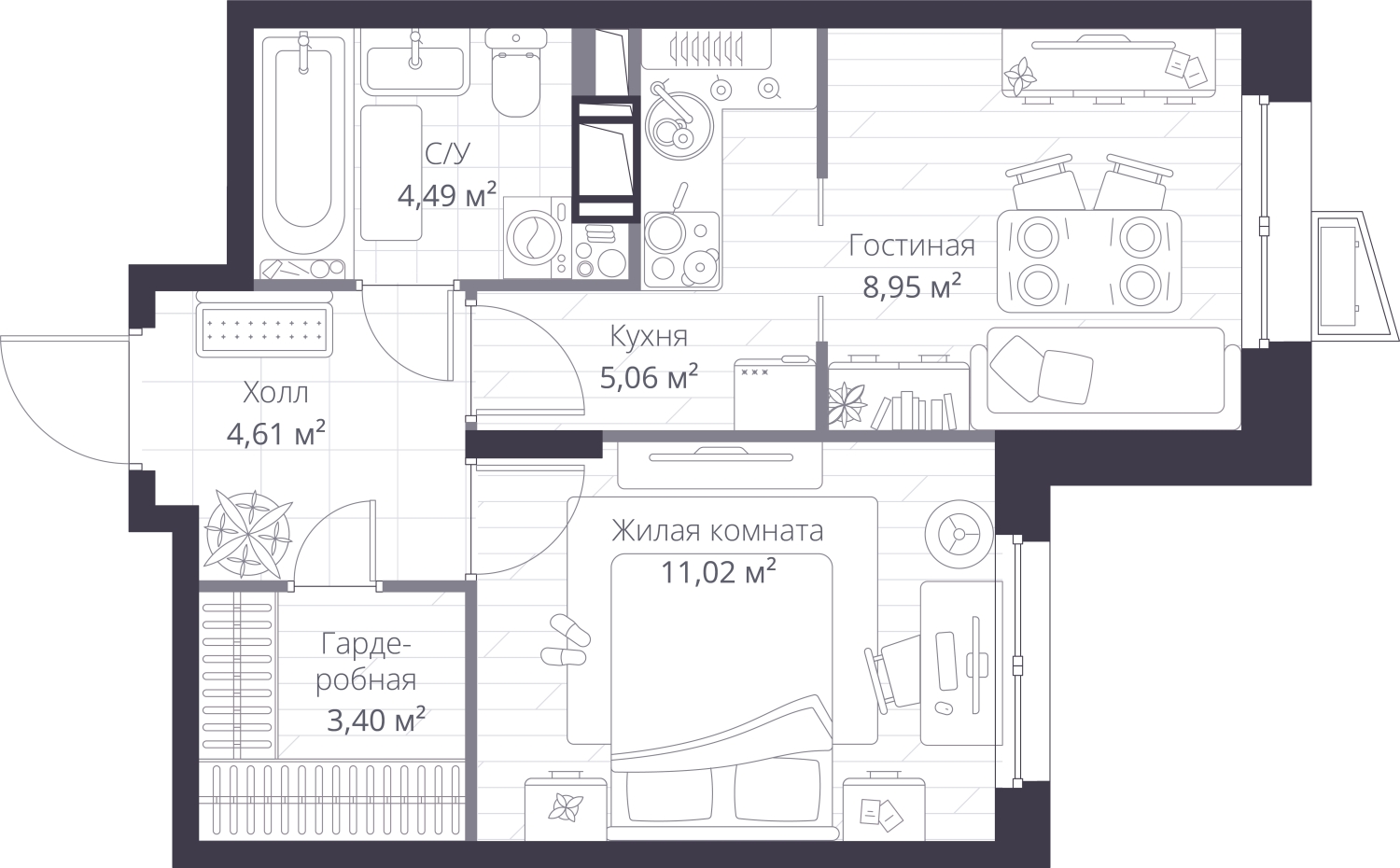 2-комнатная квартира в ЖК AFI Park Воронцовский на 2 этаже в 1 секции. Сдача в 3 кв. 2023 г.