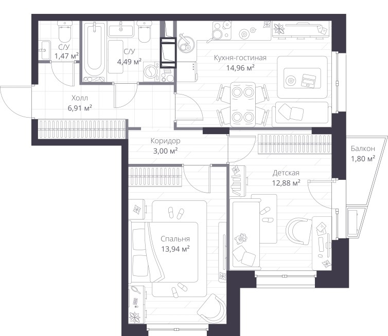 1-комнатная квартира с отделкой в ЖК Янила Кантри на 5 этаже в 2 секции. Сдача в 4 кв. 2022 г.