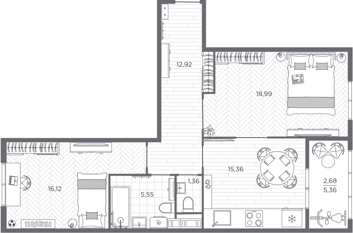 2-комнатная квартира в ЖК BAKUNINA 33 на 3 этаже в 1 секции. Сдача в 1 кв. 2025 г.