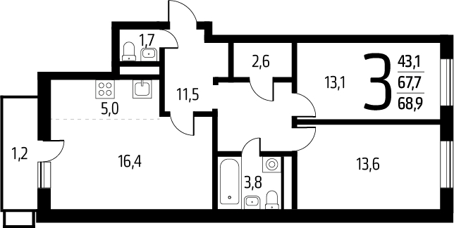 3-комнатная квартира с отделкой в ЖК Новые Ватутинки. Заречный на 10 этаже в 2 секции. Сдача в 1 кв. 2025 г.