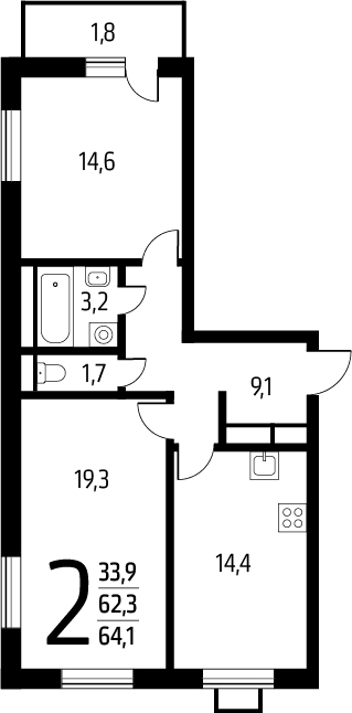 2-комнатная квартира с отделкой в ЖК Новые Ватутинки. Заречный на 4 этаже в 1 секции. Сдача в 1 кв. 2025 г.