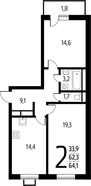 2-комнатная квартира с отделкой в ЖК Новые Ватутинки. Заречный на 7 этаже в 1 секции. Сдача в 1 кв. 2025 г.