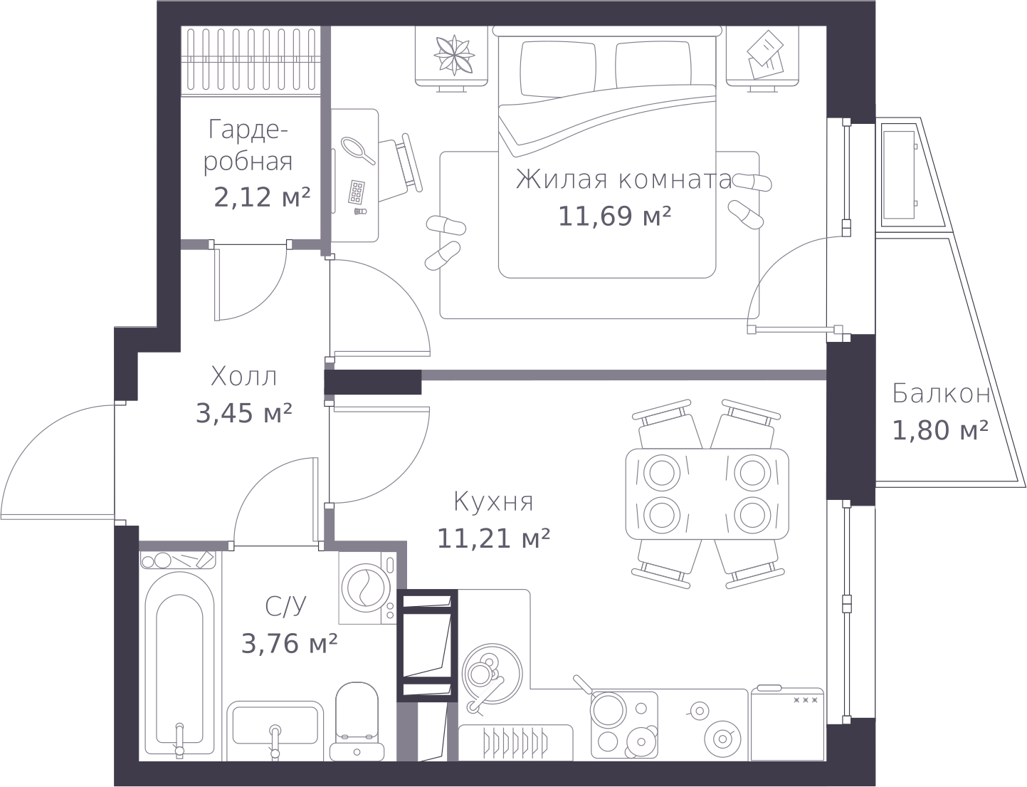 1-комнатная квартира в ЖК Преображенская площадь на 12 этаже в 2 секции. Сдача в 2 кв. 2027 г.