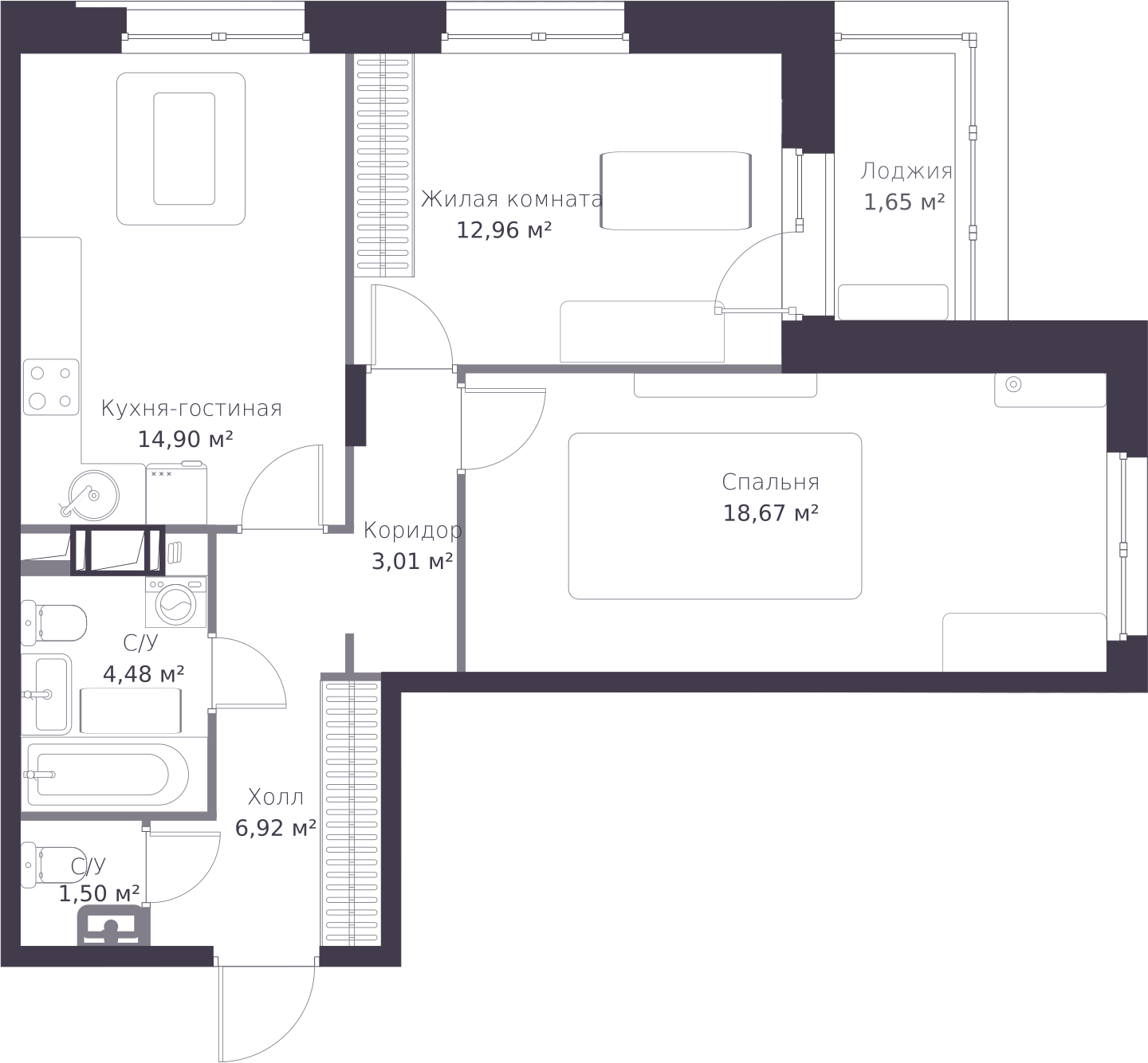1-комнатная квартира в ЖК Преображенская площадь на 2 этаже в 3 секции. Сдача в 2 кв. 2027 г.