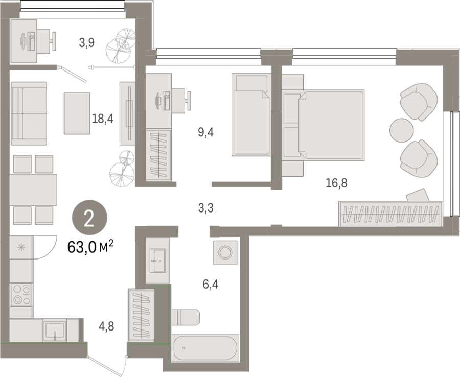 3-комнатная квартира в ЖК Преображенская площадь на 8 этаже в 2 секции. Сдача в 2 кв. 2027 г.
