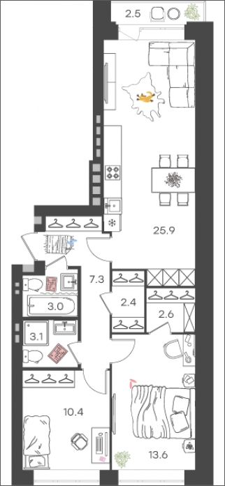 3-комнатная квартира в ЖК Преображенская площадь на 12 этаже в 3 секции. Сдача в 2 кв. 2027 г.