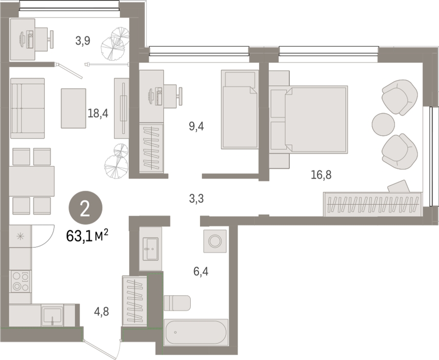 3-комнатная квартира в ЖК BAKUNINA 33 на 9 этаже в 1 секции. Сдача в 1 кв. 2025 г.