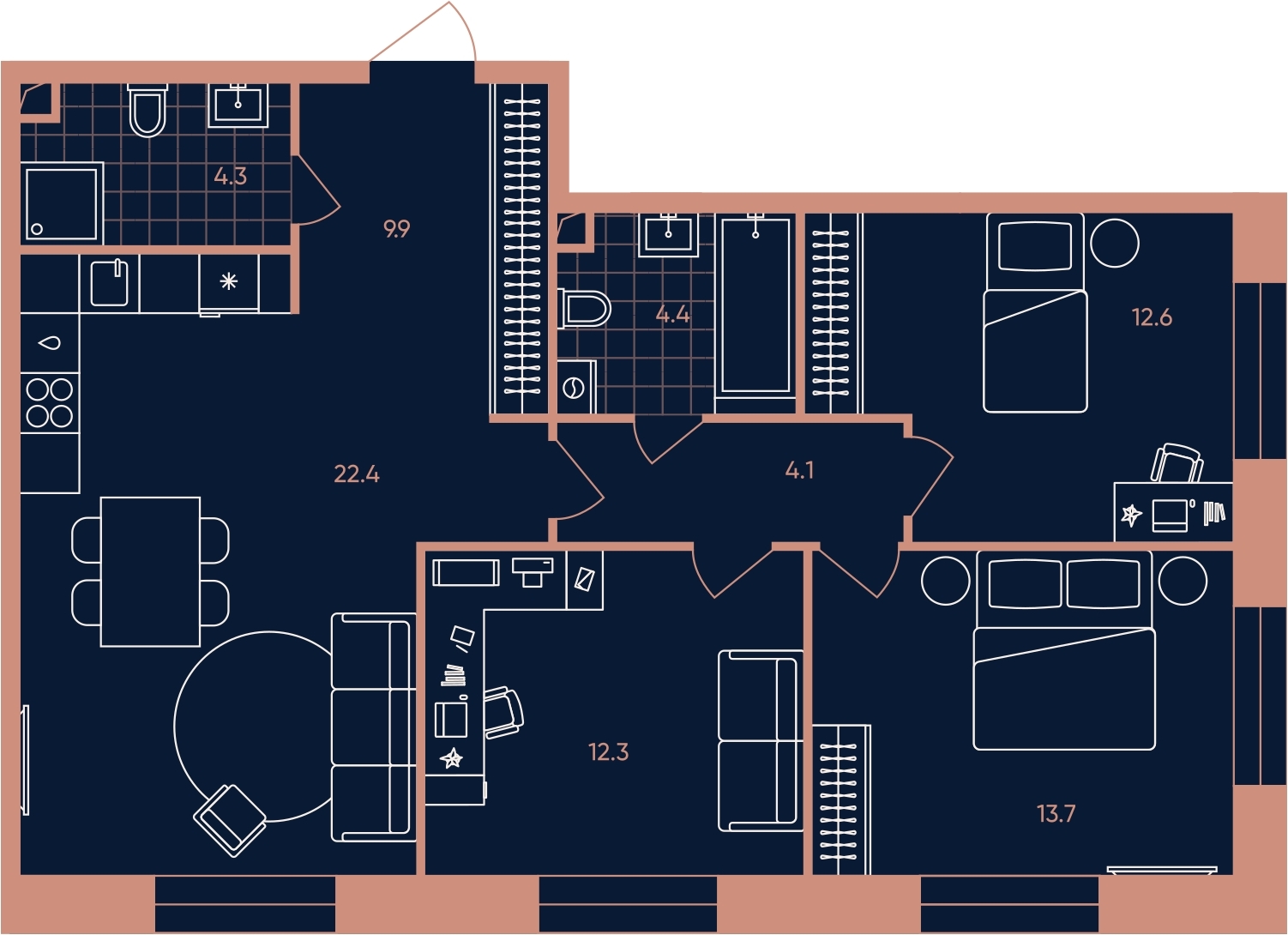 3-комнатная квартира в ЖК Миловидное на 13 этаже в 1 секции. Сдача в 1 кв. 2024 г.