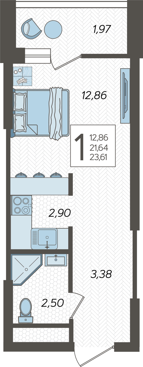1-комнатная квартира в ЖК Беринг на 8 этаже в 5 секции. Сдача в 4 кв. 2025 г.