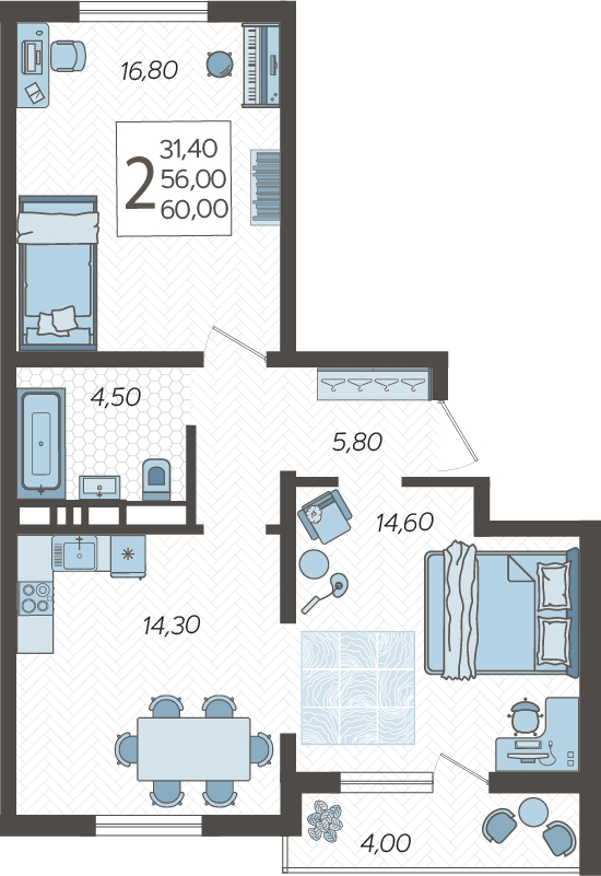 2-комнатная квартира с отделкой в ЖК Новая Жизнь на 13 этаже в 1 секции. Сдача в 2 кв. 2025 г.