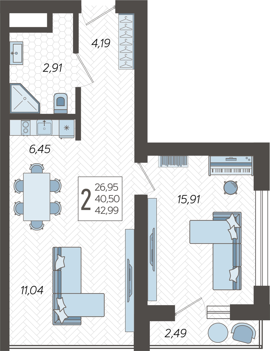 2-комнатная квартира с отделкой в ЖК Новая Жизнь на 11 этаже в 1 секции. Сдача в 1 кв. 2027 г.