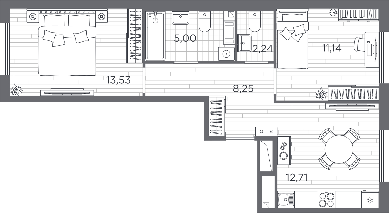 4-комнатная квартира с отделкой в ЖК Новая Жизнь на 4 этаже в 1 секции. Сдача в 2 кв. 2025 г.