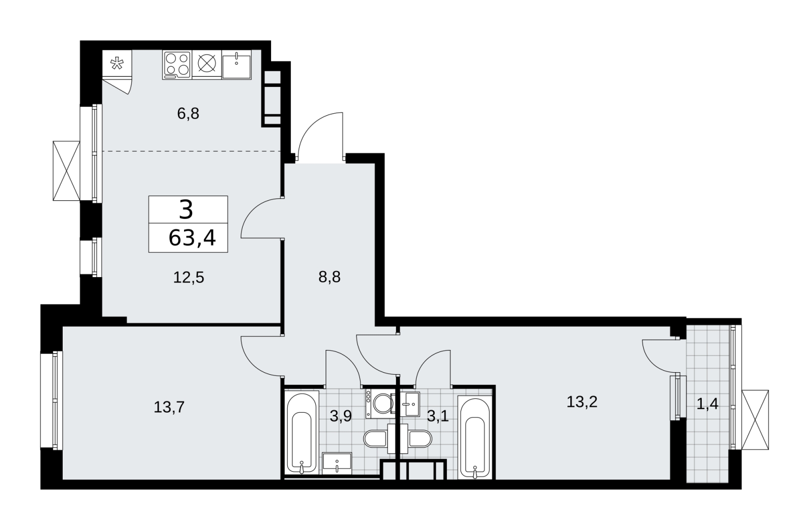 3-комнатная квартира в ЖК Скандинавия на 8 этаже в 2 секции. Сдача в 2 кв. 2026 г.