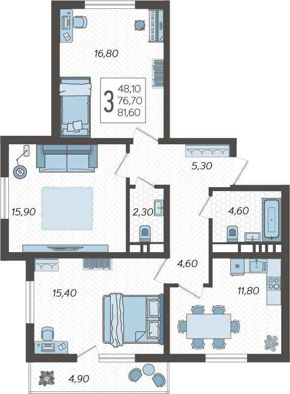 4-комнатная квартира с отделкой в ЖК Новая Жизнь на 8 этаже в 1 секции. Сдача в 2 кв. 2025 г.