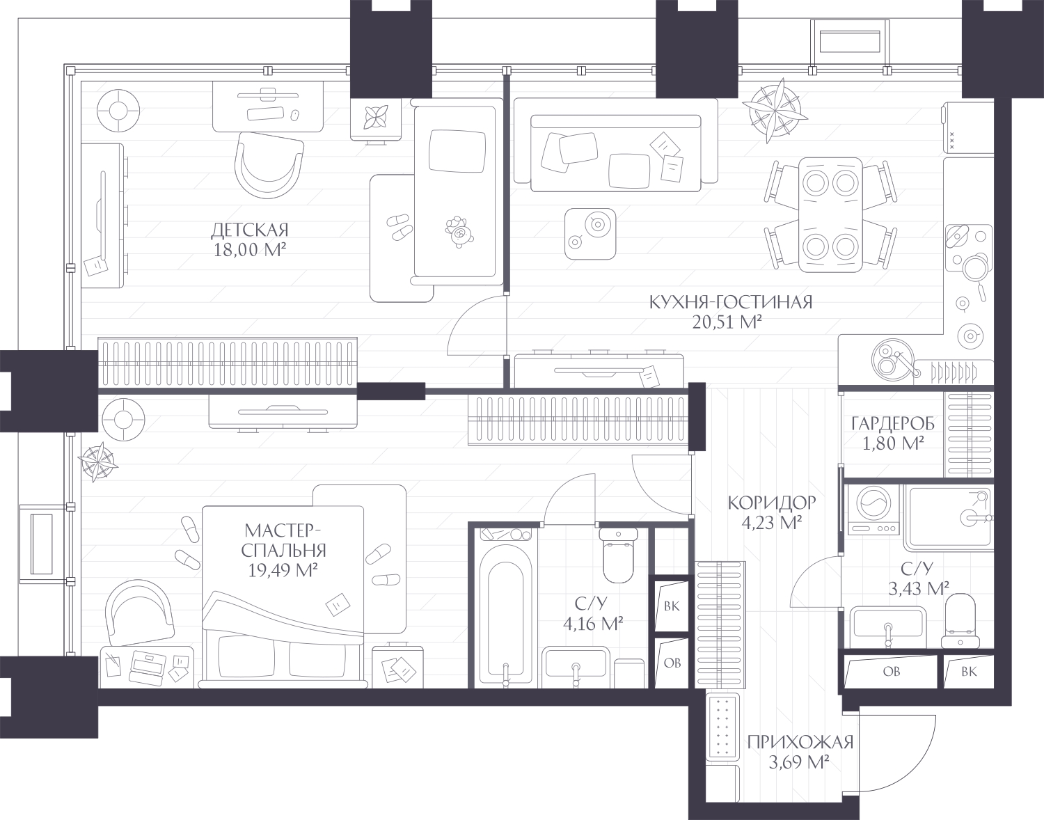 2-комнатная квартира в ЖК VEREN PLACE Одесская на 4 этаже в 1 секции. Сдача в 3 кв. 2026 г.