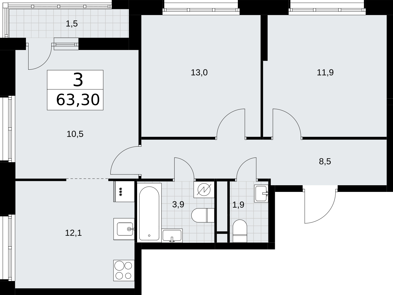 3-комнатная квартира с отделкой в ЖК Новая Жизнь на 19 этаже в 1 секции. Сдача в 2 кв. 2025 г.
