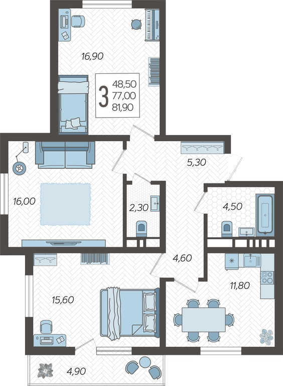 3-комнатная квартира с отделкой в ЖК Новая Жизнь на 5 этаже в 1 секции. Сдача в 1 кв. 2027 г.